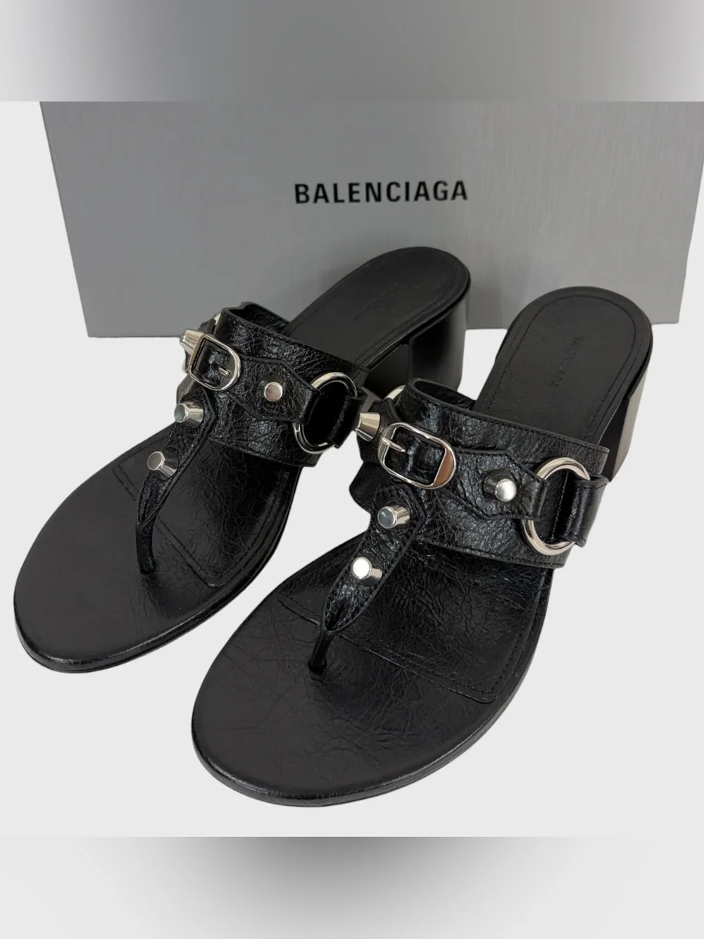 Balenciaga NEW Black Lamb Leather Silver Studded City Heeled Sandals Size 38 - Picture 2 of 15
